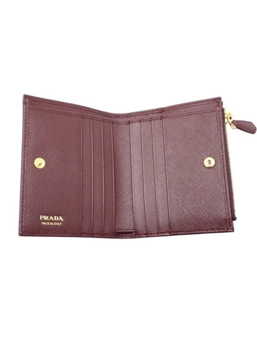 Prada Saffiano Triangle Bifold Wallet Bordeaux Burgundy Gold Genus